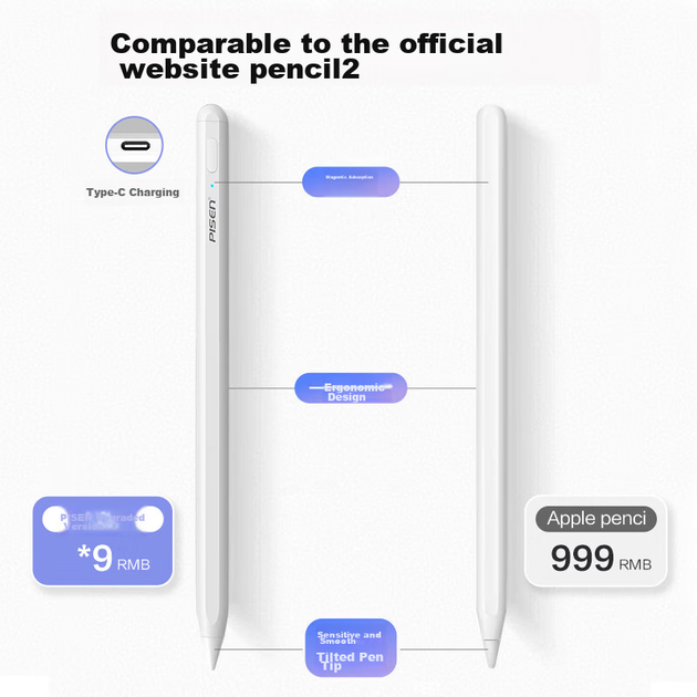 Ємнісний стилус Pisen для iPad, сумісний з 2026 iPad 11/10/Air8/7/6/Pro18-25/Mini7 - зображення 5
