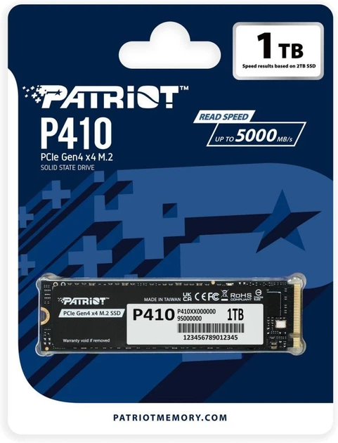 Накопичувач SSD 1TB Patriot P410 M.2 2280 PCIe NVMe 4.0 x4 TLC (P410P1TBM28H) - Фото 4 Накопичувач SSD 1TB Patriot P410 M.2 2280 PCIe NVMe 4.0 x4 TLC (P410P1TBM28H) - зображення 4