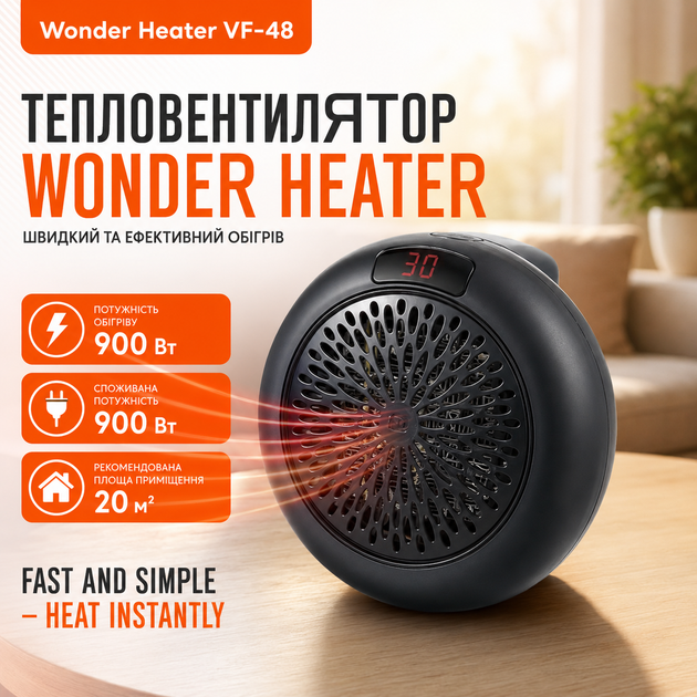 Портативный тепловентилятор Wonder Heater VF-48 900 Вт, керамический электрический обогреватель для комнаты до 20 м², розеточный нагреватель с LED-дисплеем, термостатом, таймером, двумя режимами работы, регулировкой температуры 15–32 °C - изображение 2