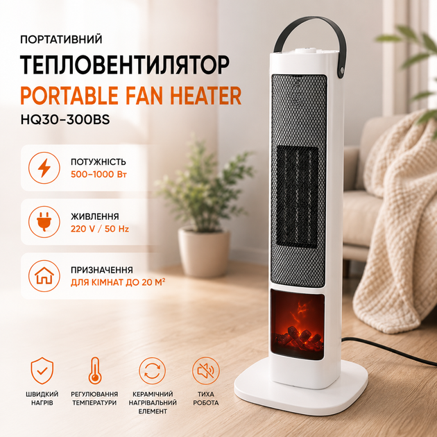 Портативный тепловентилятор Portable Fan Heater HQ30-300BS для обогрева комнаты до 20 м², электрический керамический обогреватель с режимом вентилятора, сенсорным управлением, пультом дистанционного управления, защитой от перегрева, регулировкой температу - Фото 2 Портативный тепловентилятор Portable Fan Heater HQ30-300BS для обогрева комнаты до 20 м², электрический керамический обогреватель с режимом вентилятора, сенсорным управлением, пультом дистанционного управления, защитой от перегрева, регулировкой температу - изображение 2