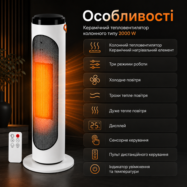 Керамический колонный тепловентилятор 2000 Вт с PTC-нагревательным элементом, электрический обогреватель с дистанционным управлением, сенсорным дисплеем, терморегулятором, таймером, тремя режимами работы, защитой от перегрева и опрокидывания - изображение 4