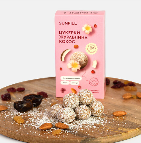 Цукерки з журавлиною та кокосом без цукру Sunfill 120 г - Фото 2 Цукерки з журавлиною та кокосом без цукру Sunfill 120 г - изображение 2