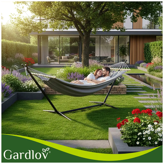 Двухместный садовый гамак 200х150 см с рамой для отдыха на террасе серый Gardlov LS-0024 - изображение 9