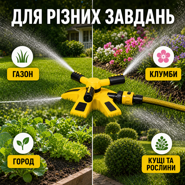 Система поливу для саду, газону та городу Універсальна насадка на шланг Зрошувач розпилювач на 360 градусів з міцного пластику Зрошувач обертовий для саду та газону трьохпроменевий розпилювач води Розумна система поливу - Фото 6 Система поливу для саду, газону та городу Універсальна насадка на шланг Зрошувач розпилювач на 360 градусів з міцного пластику Зрошувач обертовий для саду та газону трьохпроменевий розпилювач води Розумна система поливу - зображення 6