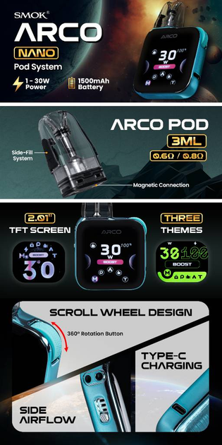 Pod-система Smok Arco Nano Silver серебристая электронная сигарета вейп на 1500мАч под-система со сменным картриджем на 2мл - изображение 2