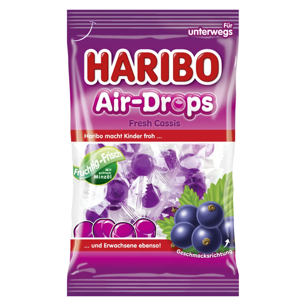 Жувальні цукерки Haribo Air Drops Fresh Cassis чорна смородина та м'ята 100 г - Фото 1 Жувальні цукерки Haribo Air Drops Fresh Cassis чорна смородина та м'ята 100 г - зображення 1