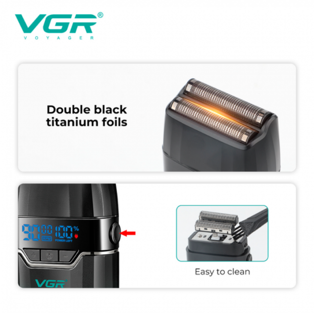 Электробритва VGR V-308 шейвер, двойное лезвие, 9000 RPM, LED дисплей Зелёный - изображение 3