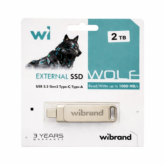 Портативный SSD Wibrand Wolf 2TB USB 3.2 Gen 2 Type-C/Type-A Серебристый 68x17x9 мм - изображение 2