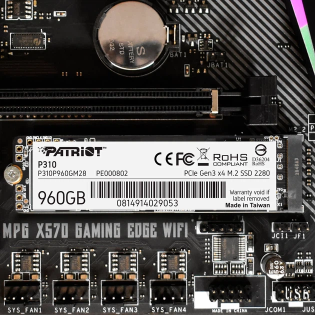 Накопитель SSD M.2 Patriot P310 960GB NVMe 2280 PCIe 3.0x4 3D NAND TLC 80x22x3,8 мм - изображение 7