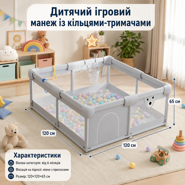 Детский игровой манеж с кольцами-держателями для ползания первых шагов и активных игр дома и на улице с входом - изображение 10