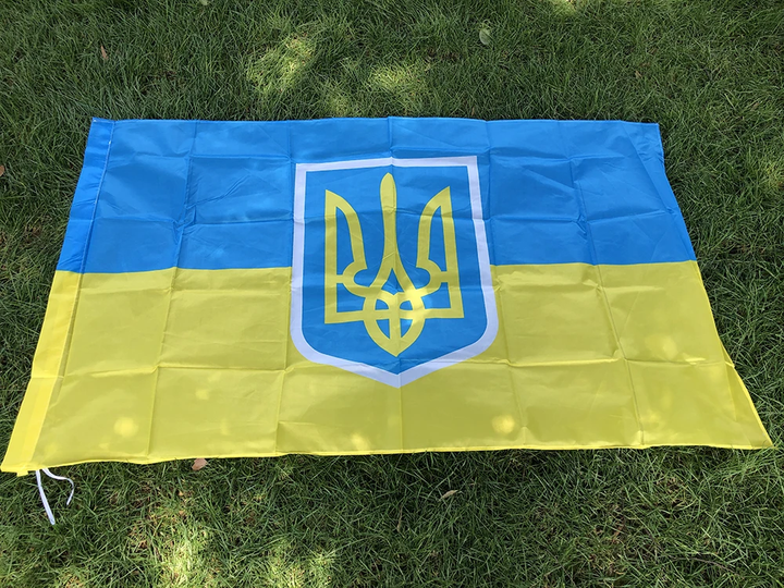Державний український жовто-блакитний стяг з гербом синьо-жовтий прапор України 150*90 см банер з кишенею під древко - зображення 2