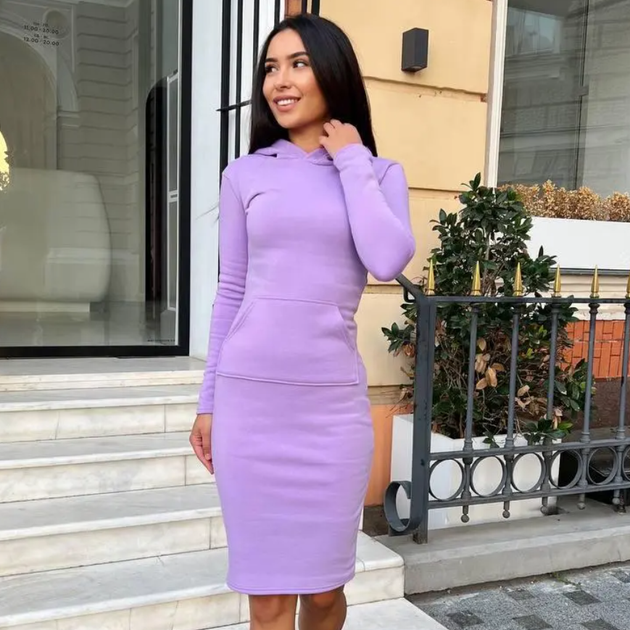 Тепла спортивна сукня жіноча з капюшоном облягаюча з тринитки на флісі 40-42, Бузковий - зображення 3