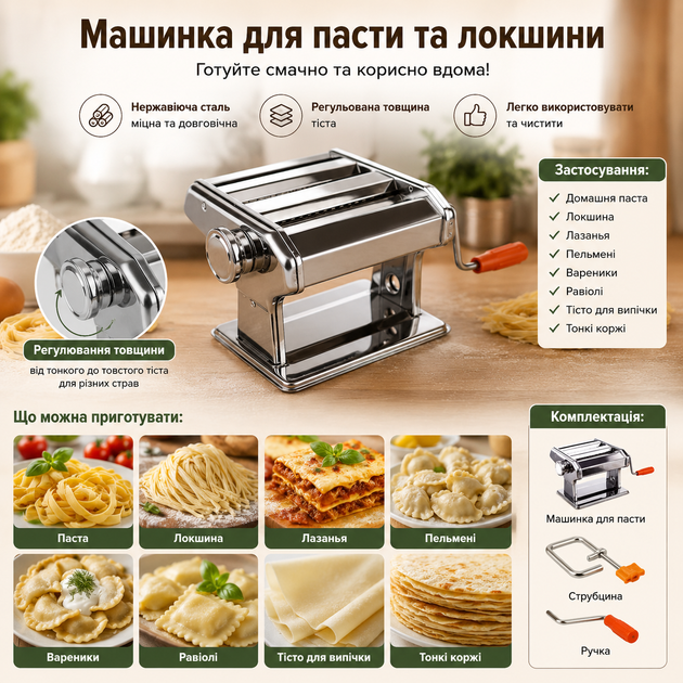 Ручная машинка для нарезки лапши, машинка для приготовления пасты и раскатки теста, механическое устройство для приготовления домашней лапши, лазаньи, фетучини, спагетти, регулировка толщины теста, 2 режима нарезки, настольное крепление, нержавеющая сталь - изображение 5