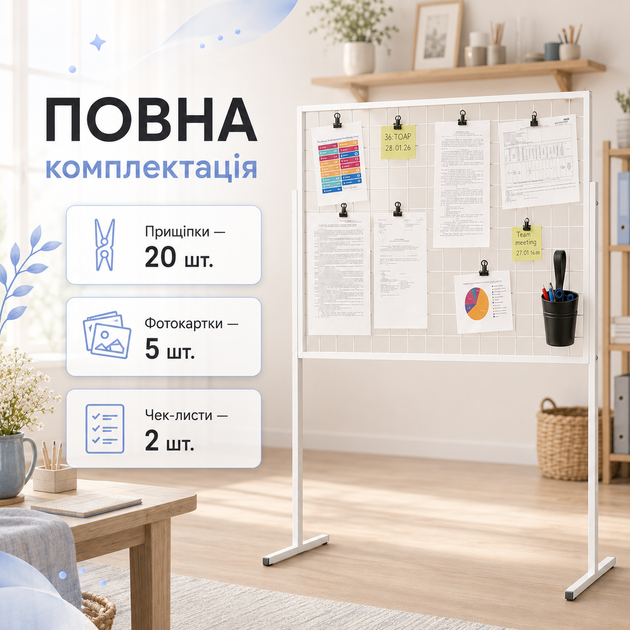 Белый мудборд доска желаний на ножках 150×100 см 5 фотокарточек 20 прищепок 2 чеклиста для дома и мастерской - изображение 3