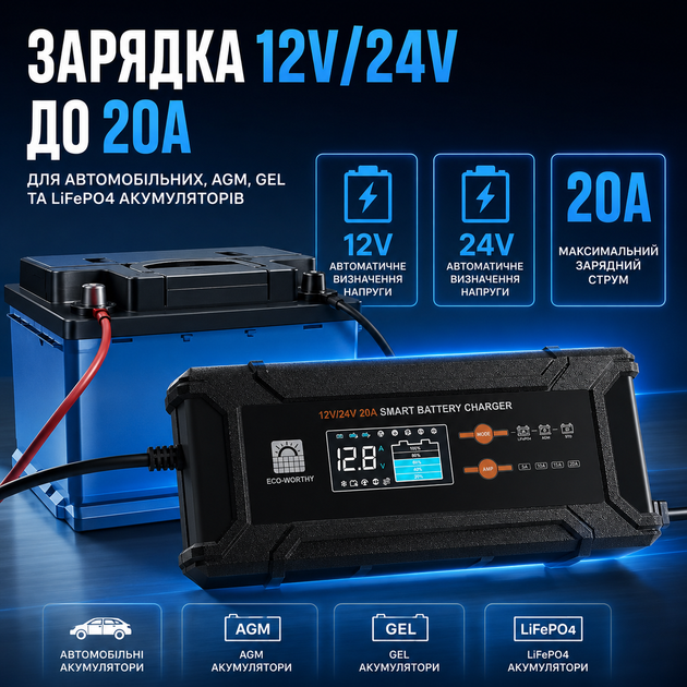 Зарядний пристрій ECO-WORTHY 12/24 В 20 А для автомобільних акумуляторів AGM GEL LiFePO4 - Фото 2 Зарядний пристрій ECO-WORTHY 12/24 В 20 А для автомобільних акумуляторів AGM GEL LiFePO4 - изображение 2