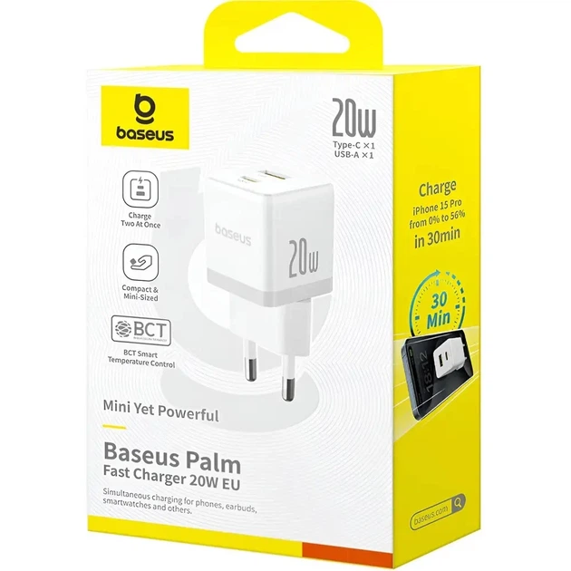 Сетевое зарядное устройство Baseus Palm C+U 20W USB Type-A Type-C белое - Фото 2 Сетевое зарядное устройство Baseus Palm C+U 20W USB Type-A Type-C белое - изображение 2