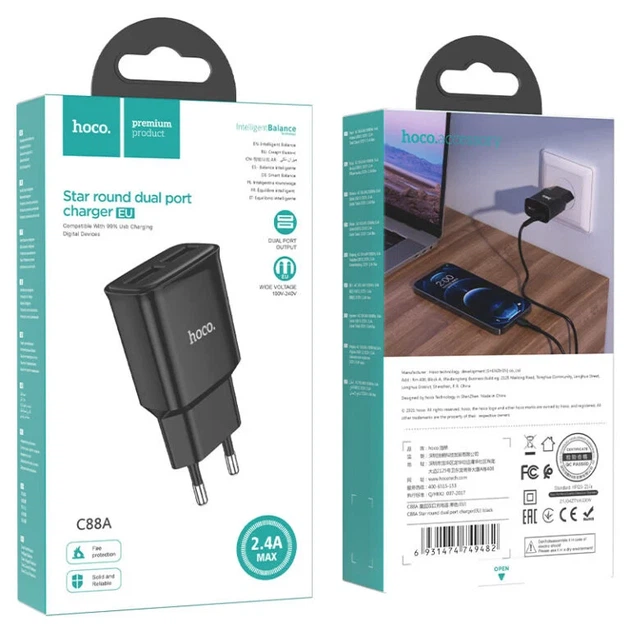 Сетевое зарядное устройство HOCO C88A 2xUSB 12W пластик черный - изображение 2