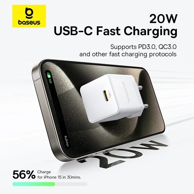 Сетевое зарядное устройство Baseus Palm Fast Charger 20W USB-C 1м Лунный белый - Фото 10 Сетевое зарядное устройство Baseus Palm Fast Charger 20W USB-C 1м Лунный белый - изображение 10