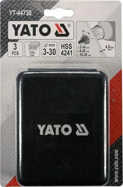 Сверла конические по металлу и ПВХ YATO, HSS 4241, для отверстий 3-14мм, 8-20 мм, 16-3мм 3 шт YT-44730 - Фото 5 Сверла конические по металлу и ПВХ YATO, HSS 4241, для отверстий 3-14мм, 8-20 мм, 16-3мм 3 шт YT-44730 - изображение 5