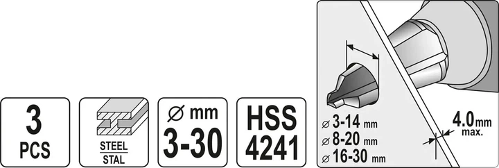 Сверла конические по металлу и ПВХ YATO, HSS 4241, для отверстий 3-14мм, 8-20 мм, 16-3мм 3 шт YT-44730 - Фото 7 Сверла конические по металлу и ПВХ YATO, HSS 4241, для отверстий 3-14мм, 8-20 мм, 16-3мм 3 шт YT-44730 - изображение 7