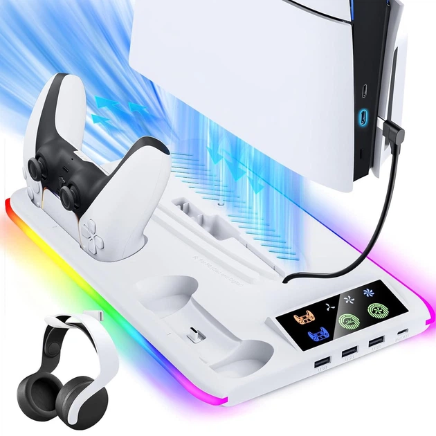 Подставка для PS5 охлаждающая зарядная станция 2 контроллера RGB вентилятор 3 USB порта держатель консоли и аксессуаров - Фото 1 Подставка для PS5 охлаждающая зарядная станция 2 контроллера RGB вентилятор 3 USB порта держатель консоли и аксессуаров - изображение 1