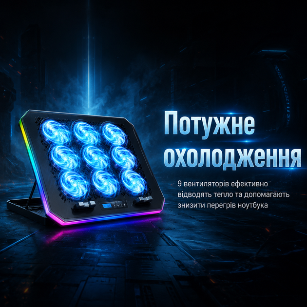 Охолоджуюча підставка для ноутбука з 9 вентиляторами, RGB-підсвіткою та LCD-дисплеєм - зображення 3