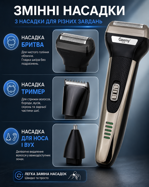 Триммер 3 в 1 Geemy GM-598 для стрижки бритья и ухода серый - Фото 4 Триммер 3 в 1 Geemy GM-598 для стрижки бритья и ухода серый - изображение 4