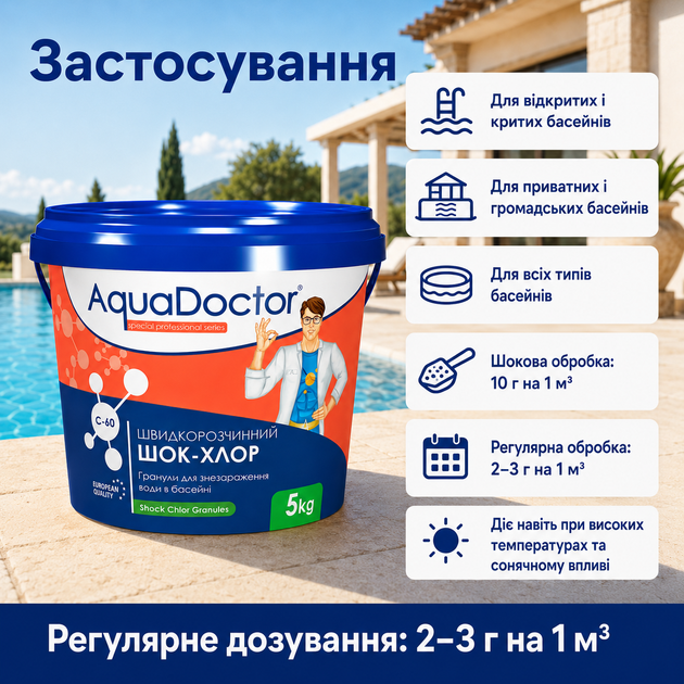 Засіб для первинної обробки басейну AquaDoctor гранульований шоковий хлор 5 кг - Фото 3 Засіб для первинної обробки басейну AquaDoctor гранульований шоковий хлор 5 кг - изображение 3