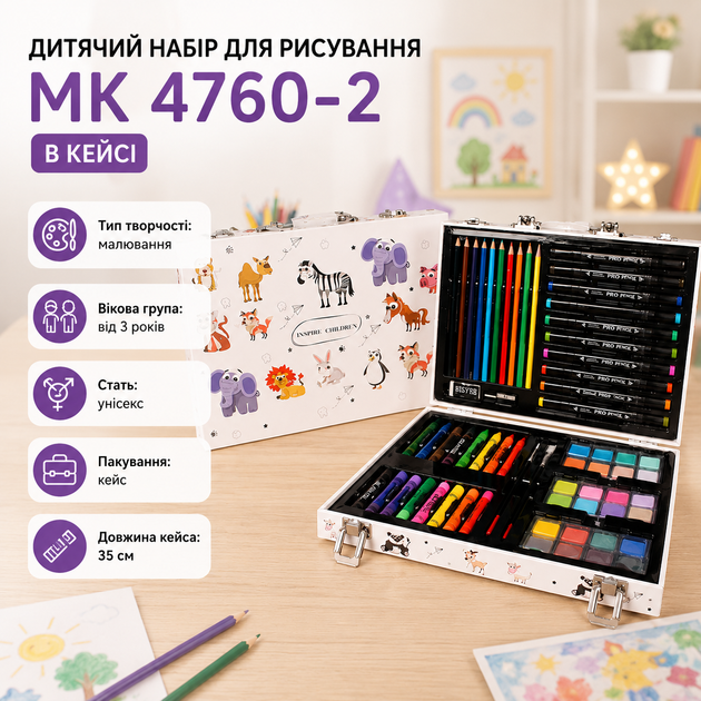 Детский набор для рисования MK 4760-2 в кейсе с двусторонними фломастерами, цветными карандашами, красками, кистями, точилкой и ластиком, художественный комплект для творчества, обучения, развития, подарка мальчику и девочке от 3 лет - Фото 2 Детский набор для рисования MK 4760-2 в кейсе с двусторонними фломастерами, цветными карандашами, красками, кистями, точилкой и ластиком, художественный комплект для творчества, обучения, развития, подарка мальчику и девочке от 3 лет - зображення 2