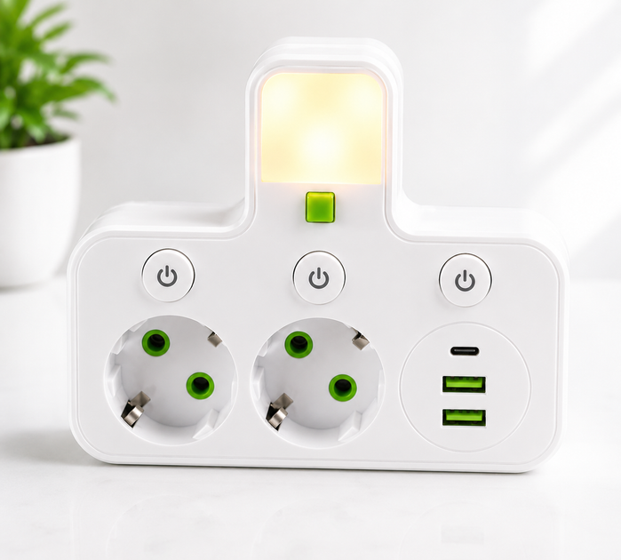Сетевой фильтр на 2 розетки с 2 USB Type-C фонариком и кнопками отключения 2500 Вт - Фото 3 Сетевой фильтр на 2 розетки с 2 USB Type-C фонариком и кнопками отключения 2500 Вт - изображение 3