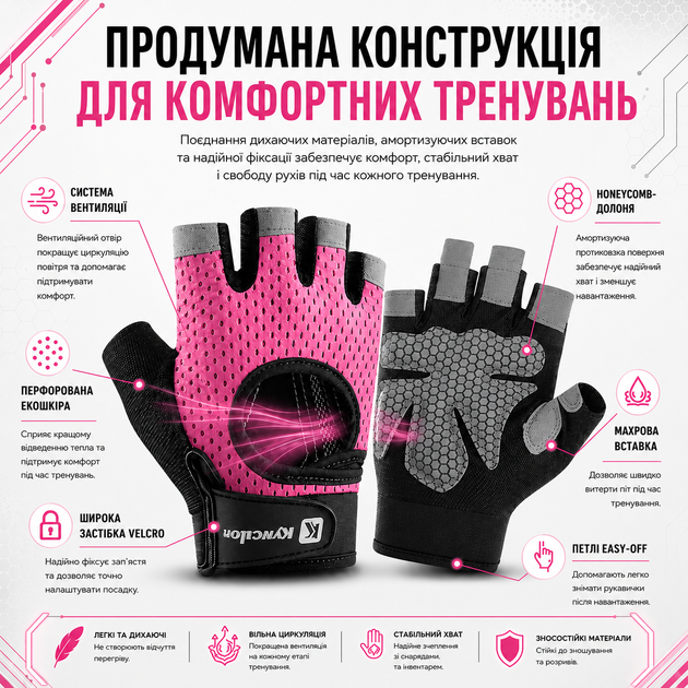 Перчатки для фитнеса Kyncilor A0042 M обхват 18-19 см, спортивные без пальцев, для тренажерного зала и силовых тренировок, розовые - изображение 2