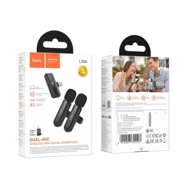 Мікрофон петличний Hoco L20A Fair dual-mic wireless microphone (iP/Type-C) чорний - изображение 3