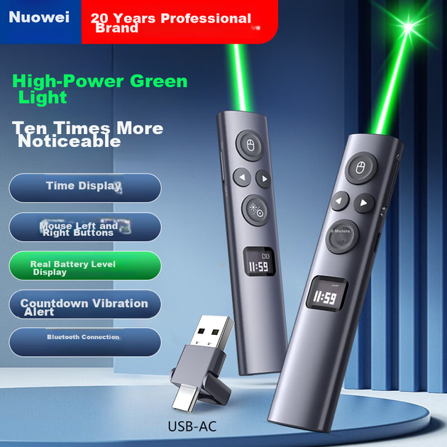 Nuowei N95s BLE Мощная зеленая лазерная указка-проекция, индикатор для конференций, светодиодный ЖК-экран, Bluetooth, пульт дистанционного управления на 100 м, двойной лазерный перелистыватель страниц, двухсторонняя версия - зображення 4