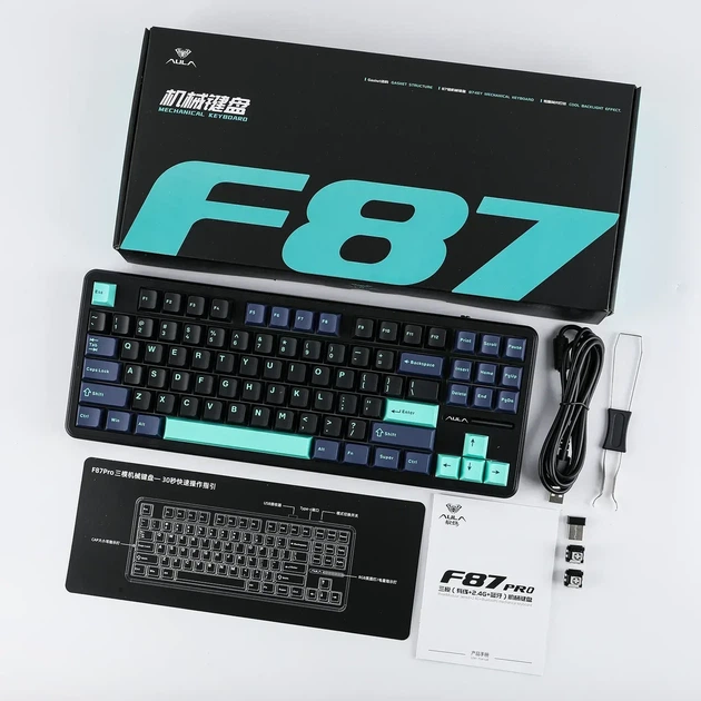 Беспроводная механическая клавиатура AULA F87 PRO Black, Graywood V3 Switch, 80%, RGB Подсветка (2.4G/Bluetooth/USB) - Фото 3 Беспроводная механическая клавиатура AULA F87 PRO Black, Graywood V3 Switch, 80%, RGB Подсветка (2.4G/Bluetooth/USB) - изображение 3
