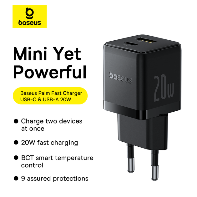 Мережевий зарядний пристрій Baseus Palm Fast Charger C+U 20W EU Cluster Black (with Baseus Mini White Cable USB-C to USB-C 60W - Фото 8 Мережевий зарядний пристрій Baseus Palm Fast Charger C+U 20W EU Cluster Black (with Baseus Mini White Cable USB-C to USB-C 60W - зображення 8