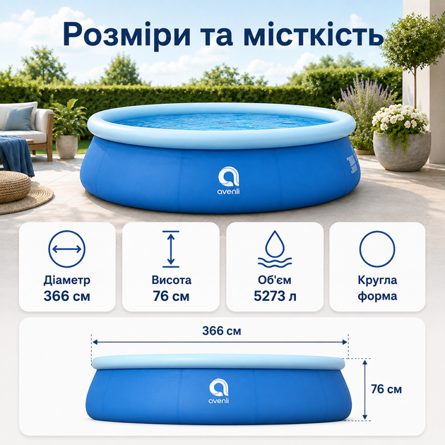 Надувний басейн Avenli 366×76 см 5273 л круглий басейн із картриджним фільтр-насосом 1136 л/год для двору та дачі - зображення 4