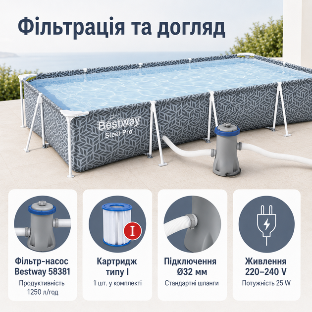 Каркасный бассейн Bestway Steel Pro 561FV 366×201×66 см 4000 л прямоугольный с картриджным фильтр-насосом 1250 л/ч, ремкомплектом - изображение 2