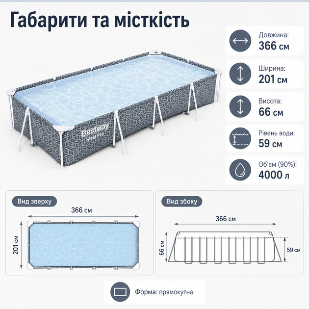 Каркасный бассейн Bestway Steel Pro 561FV 366×201×66 см 4000 л прямоугольный с картриджным фильтр-насосом 1250 л/ч, ремкомплектом - изображение 3