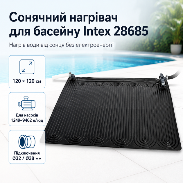 Солнечный нагреватель для бассейна Intex Solar Heating Mat 120×120 см черный ПВХ-коврик для подогрева воды от фильтр-насоса Ø32/Ø3 - Фото 1 Солнечный нагреватель для бассейна Intex Solar Heating Mat 120×120 см черный ПВХ-коврик для подогрева воды от фильтр-насоса Ø32/Ø3 - изображение 1