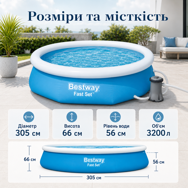 Надувний басейн Bestway Fast Set 305×66 см 3200 л круглий збірний басейн із картриджним фільтр-насосом 1249 л/год для двору, дачі - Фото 4 Надувний басейн Bestway Fast Set 305×66 см 3200 л круглий збірний басейн із картриджним фільтр-насосом 1249 л/год для двору, дачі - зображення 4