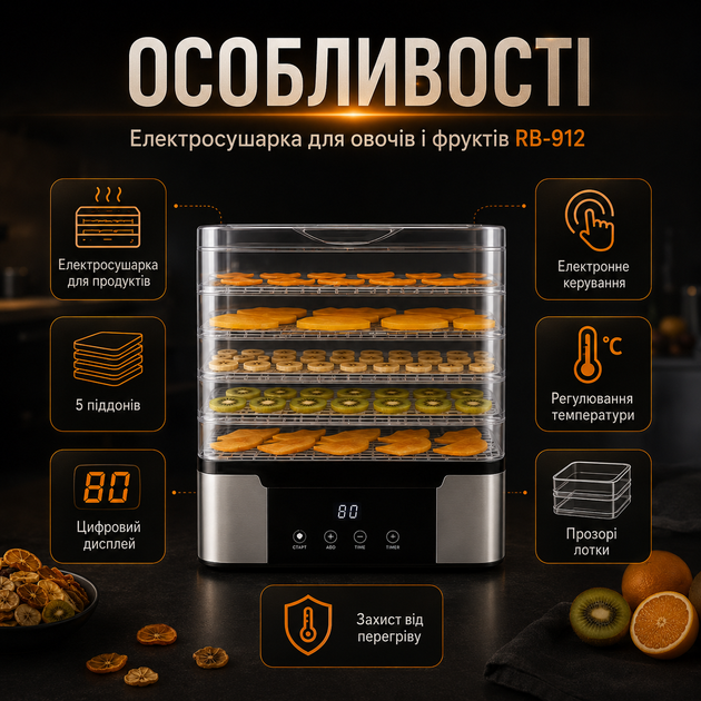 Електросушарка для овочів і фруктів Silver Love RB-912 дегідратор 1000 Вт з 5 піддонами, сушарка для грибів, ягід, зелені, м'яса, риби, електронне керування, цифровий дисплей, регулювання температури 35–70 °C - зображення 3