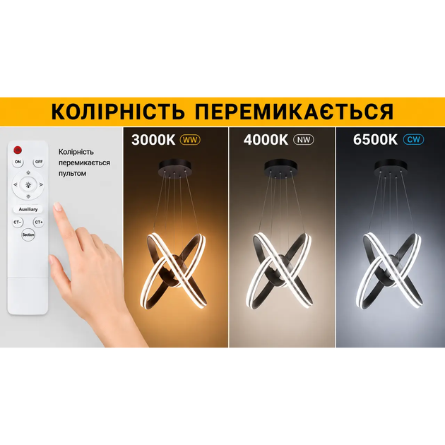 Подвесная светодиодная люстра 168W с пультом Horoz Electric с металлическим каркасом 3000/4000/6500K белая IP20 JOLLY 3CCT - изображение 3