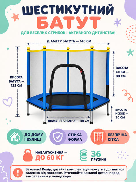 Детский каркасный батут с защитной сеткой синий шестигранный до 60 кг (49676210) - изображение 3