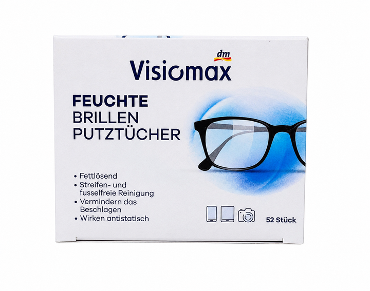 Вологі серветки для очищення окулярів Visiomax DM, 52 шт, для окулярів, лінз, екранів і оптики - изображение 2