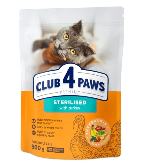 Сухий корм для стерилізованих котів Club 4 Paws Premium Adult Sterilised з індичкою 900 г - Фото 1 Сухий корм для стерилізованих котів Club 4 Paws Premium Adult Sterilised з індичкою 900 г - изображение 1