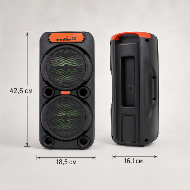 Портативна Bluetooth-колонка GTS-1880 з двома 8" динаміками та бездротовим мікрофоном, 50 Вт, чорна - зображення 2
