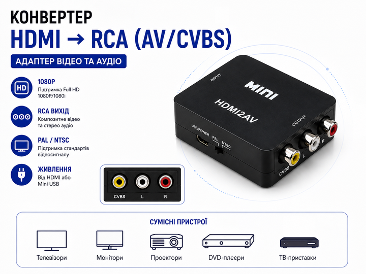 Конвертер HDMI RCA (AV/CVBS) 1080P HDV-610 – адаптер HDMI на тюльпани, PAL/NTSC, Black - Фото 1 Конвертер HDMI RCA (AV/CVBS) 1080P HDV-610 – адаптер HDMI на тюльпани, PAL/NTSC, Black - зображення 1