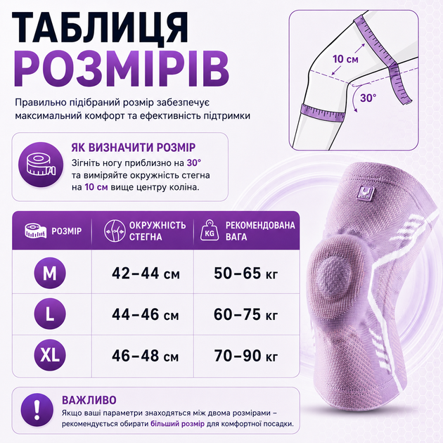 Наколенник компрессионный с боковыми стабилизаторами и силиконовым кольцом Vilico AB102 размер M фиолетовый, для бега и фитнеса - изображение 8