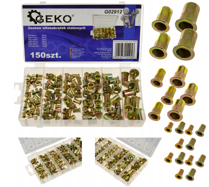 Заклепочные гайки стальные M3 M4 M5 M6 M8 M10 150 шт Geko FK-0337 - зображення 2