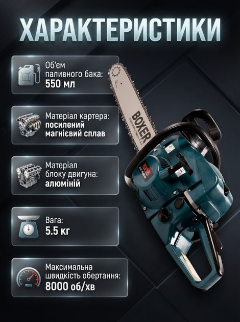 Бензопила BOXER BX-102 5,9 кВт 52 см³ із двома шинами 45 см і двома ланцюгами, бензинова ланцюгова пила для заготівлі дров, обрізання дерев і будівельних робіт - зображення 3